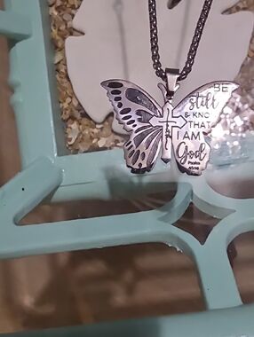 Stainless steel. Butterfly Pendant Necklace - Inspirational Script